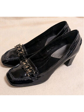 Boston Design Studio Women’s Black Patent Leather Loafer Block Heel Size 7M F26